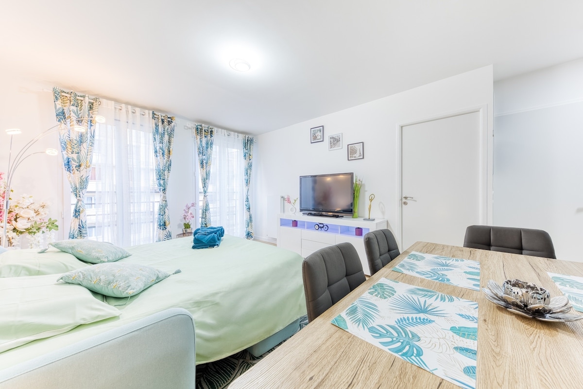 Chambres — Lit vert clair, table bois, chaises noires, lumière naturelle abondante