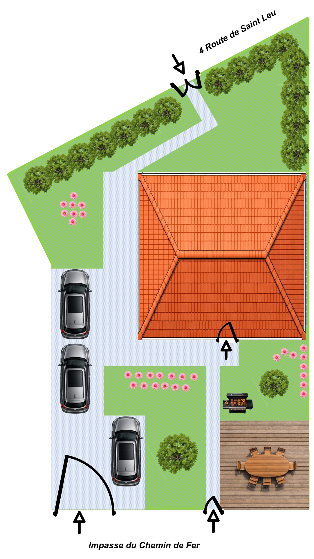 Plans & infos — Vue aérienne propriété avec maison jardin parking