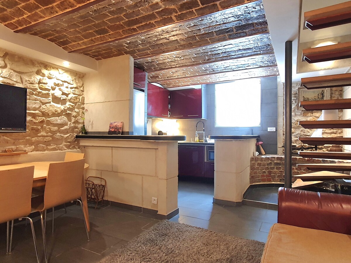 Salon & séjour — Spacieux, lumineux, pierre apparente, mobilier moderne