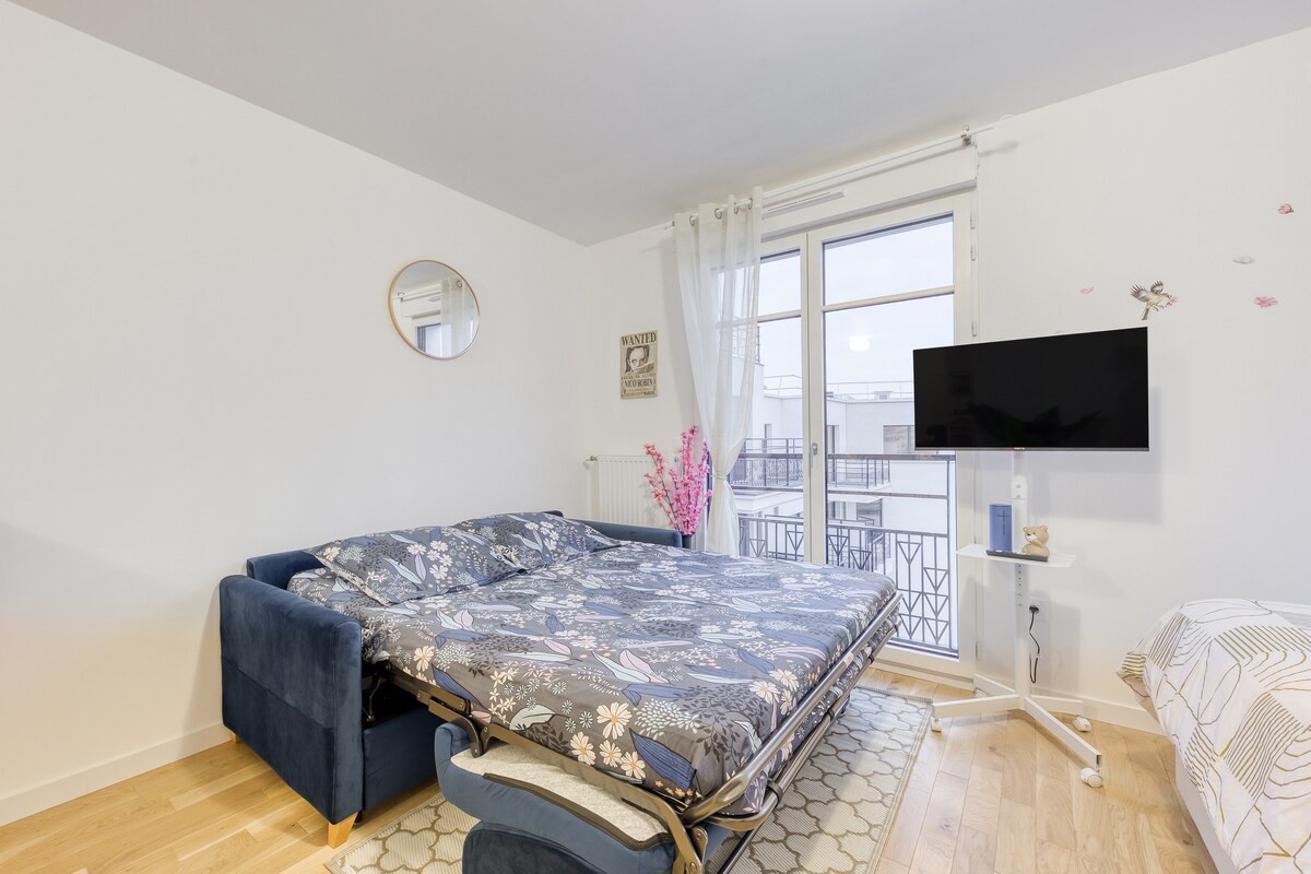 Chambres — Lit convertible bleu, TV murale, balcon lumineux