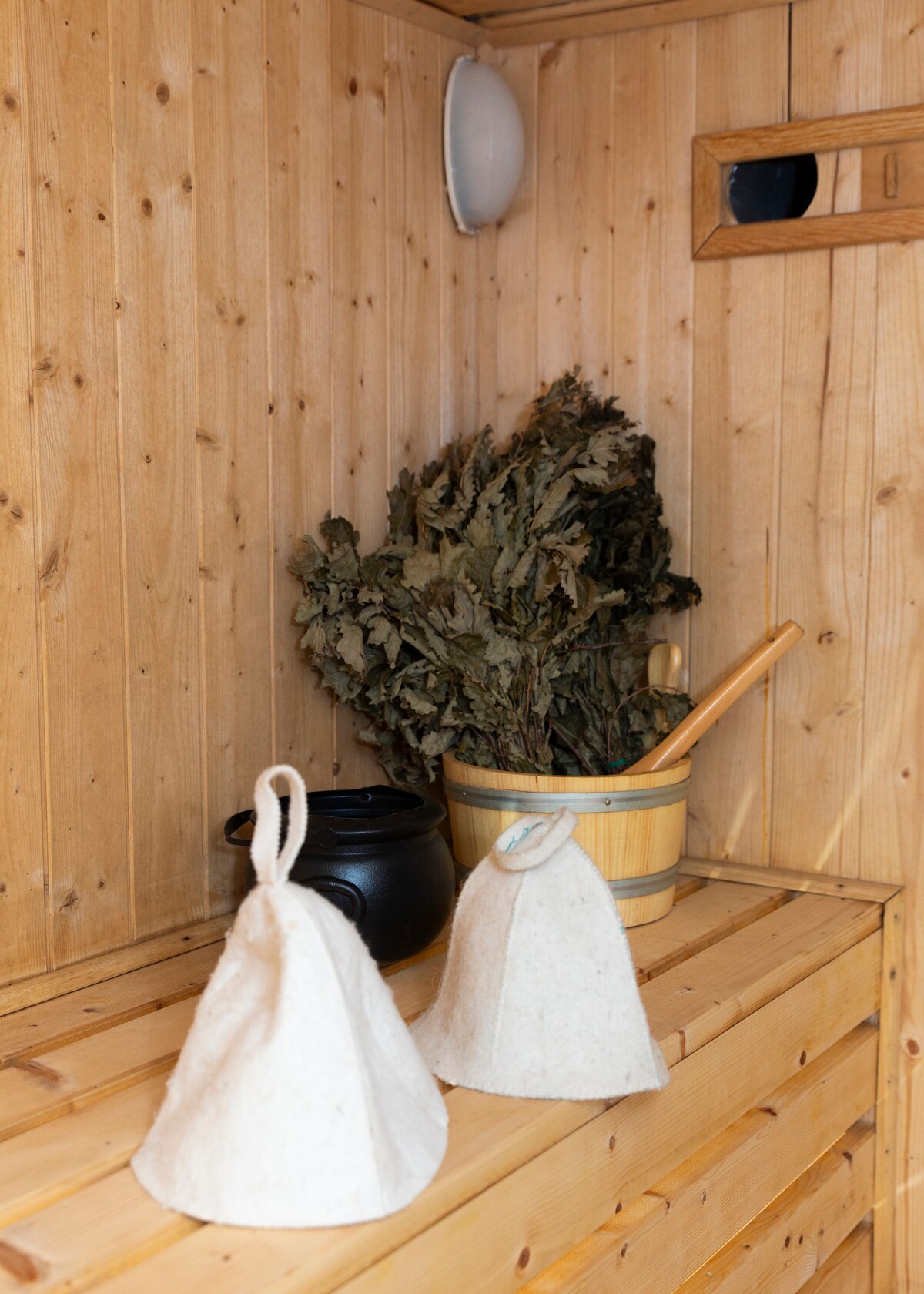 Et aussi — Intérieur sauna avec accessoires traditionnels