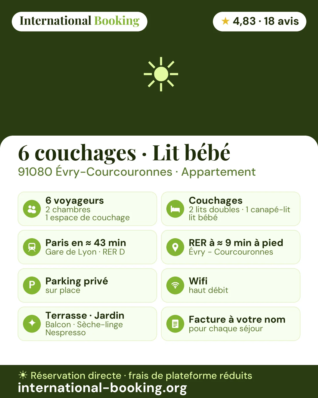6 couchages · Lit bébé · 91080 Évry-Courcouronnes — les atouts du logement en une image