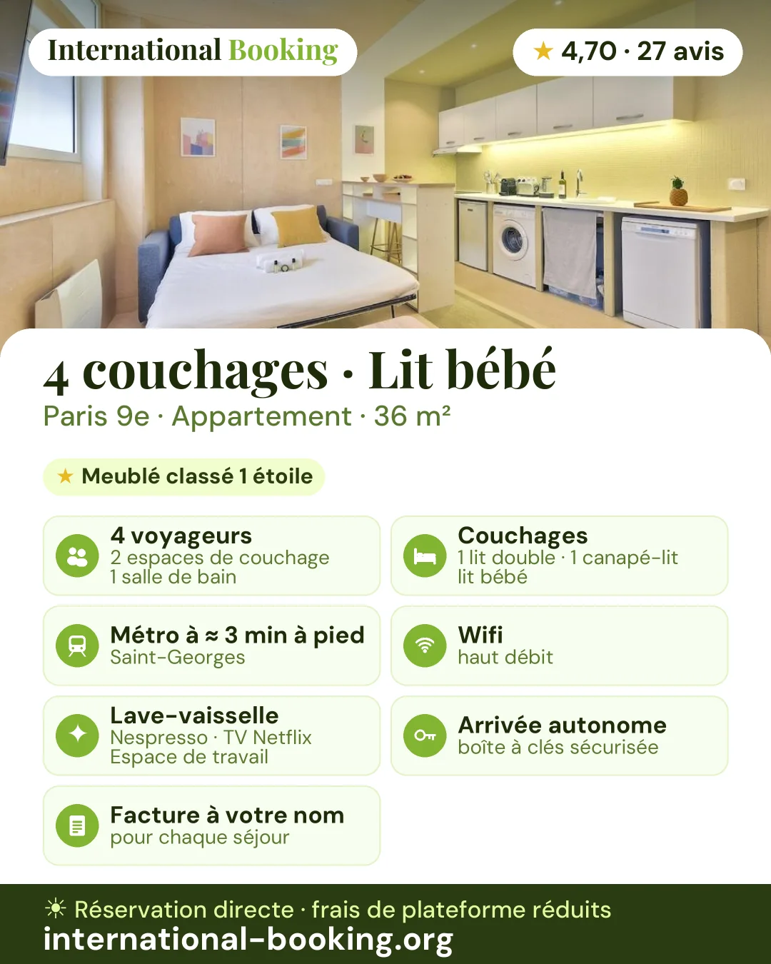 4 couchages · Lit bébé · Paris 9e — les atouts du logement en une image