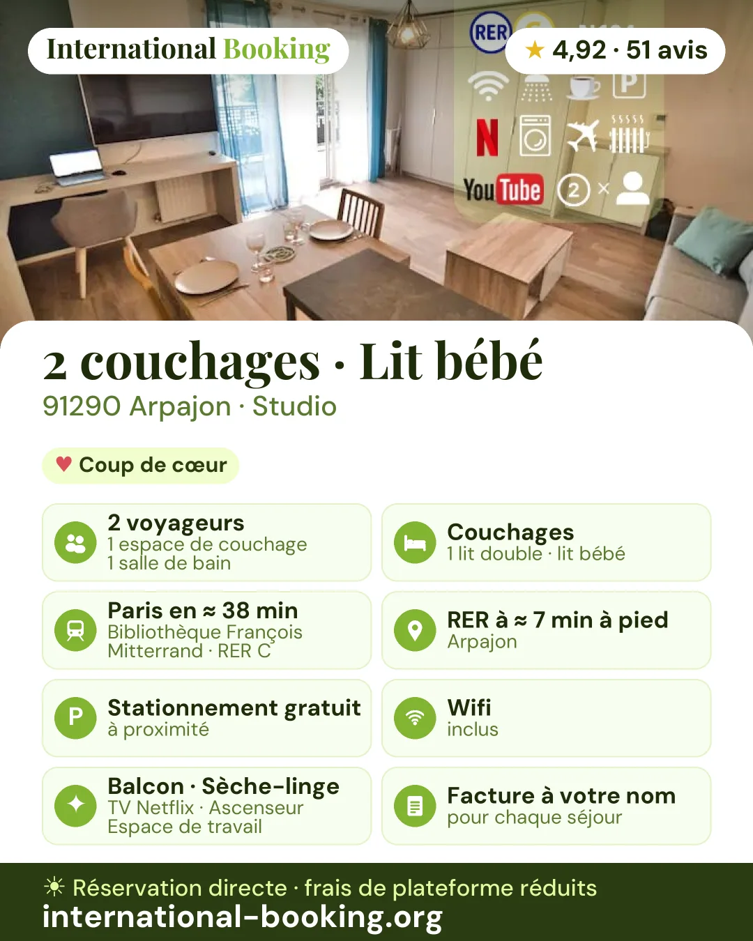 2 couchages · Lit bébé · 91290 Arpajon — les atouts du logement en une image