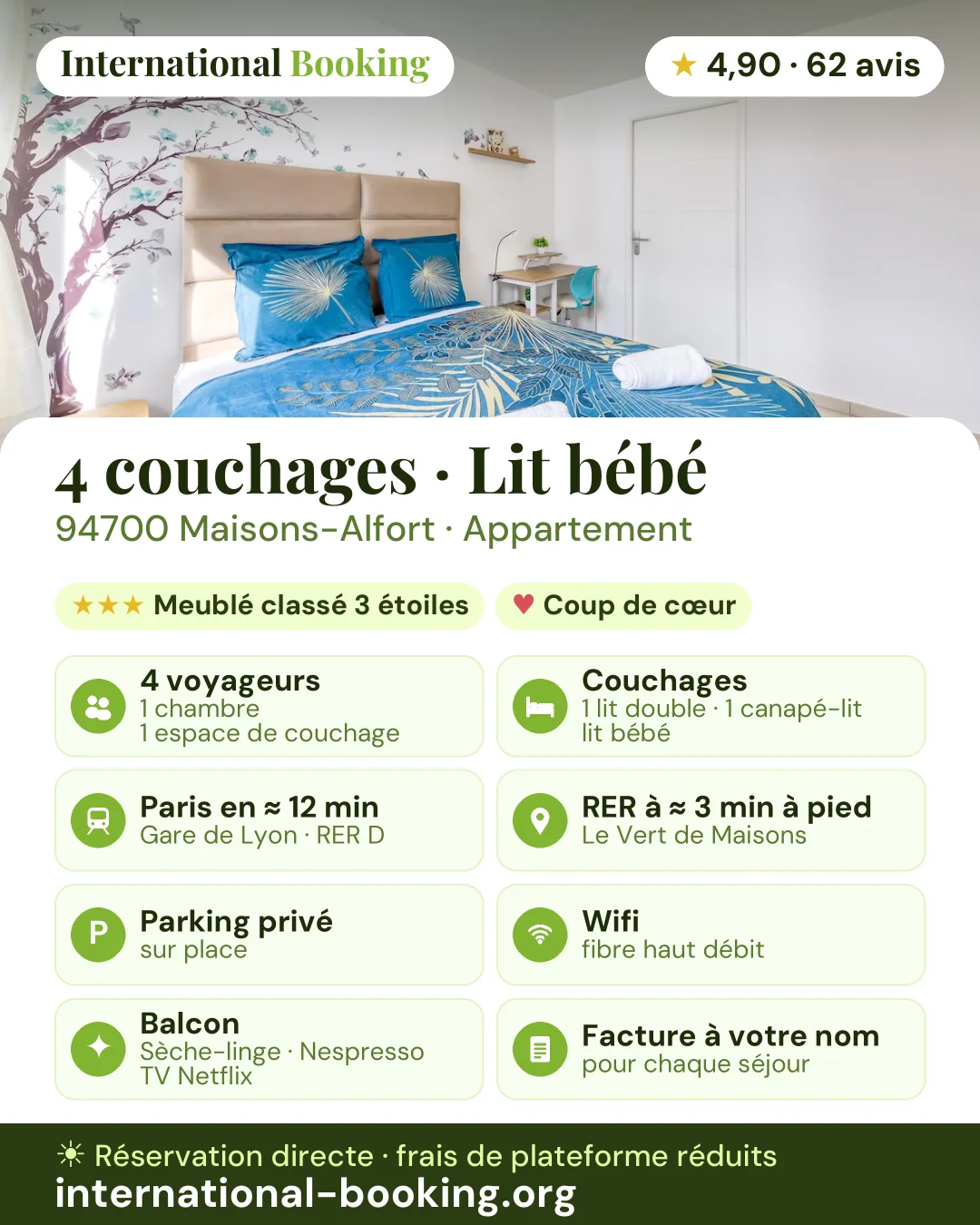 4 couchages · Lit bébé · 94700 Maisons-Alfort · réf. 34 — les atouts du logement en une image