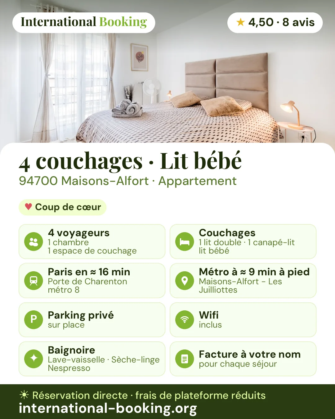 4 couchages · Lit bébé · 94700 Maisons-Alfort · réf. 35 — les atouts du logement en une image
