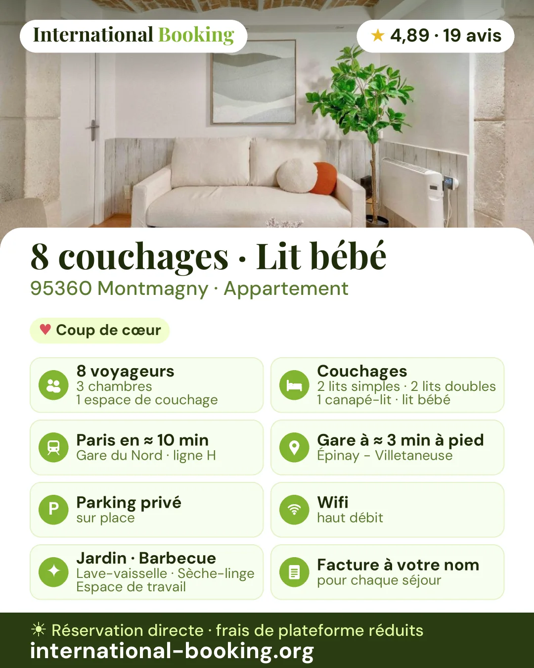 8 couchages · Lit bébé · 95360 Montmagny — les atouts du logement en une image