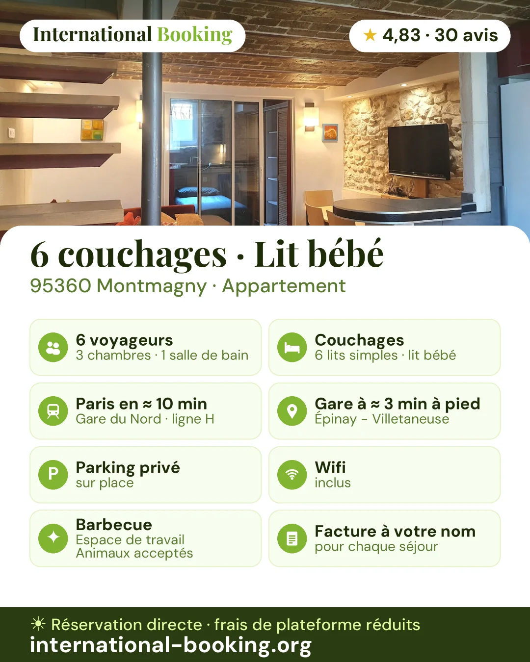 6 couchages · Lit bébé · 95360 Montmagny — les atouts du logement en une image