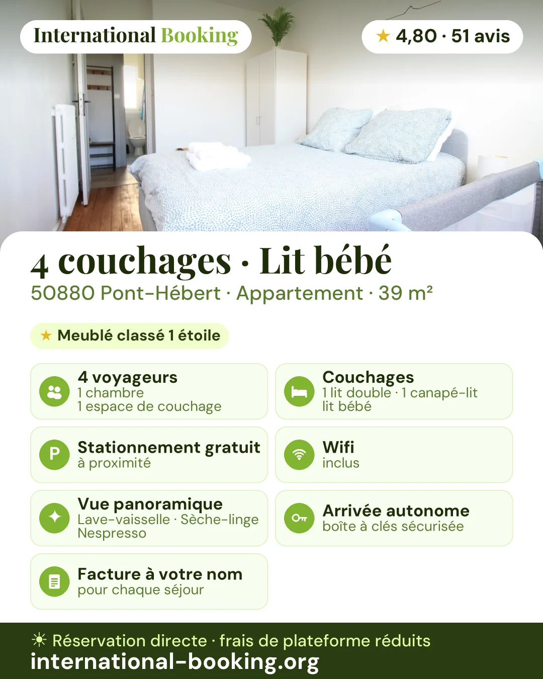 4 couchages · Lit bébé · 50880 Pont-Hébert — les atouts du logement en une image