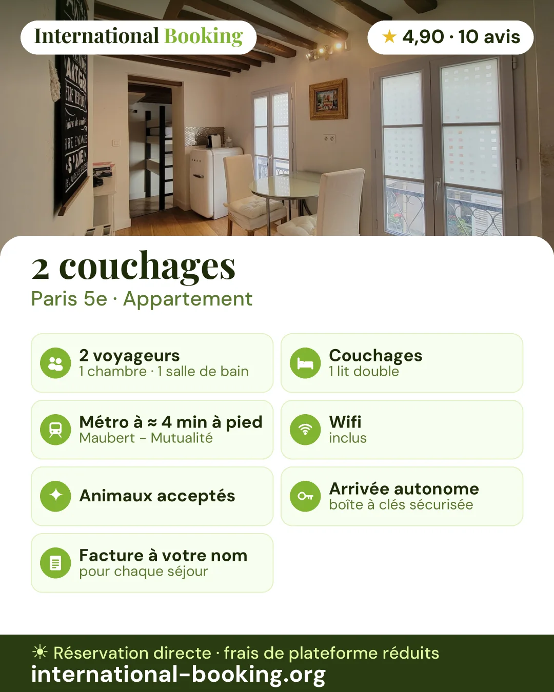 2 couchages · Paris 5e — les atouts du logement en une image