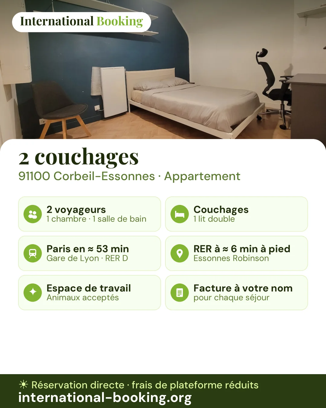 2 couchages · 91100 Corbeil-Essonnes — les atouts du logement en une image