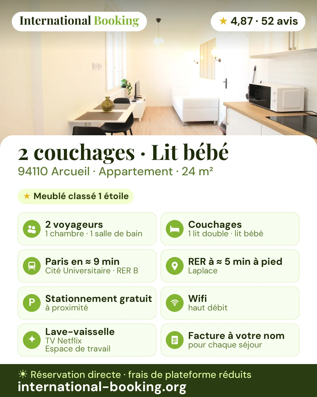 2 couchages · Lit bébé · 94110 Arcueil · 24 m² — les atouts du logement en une image