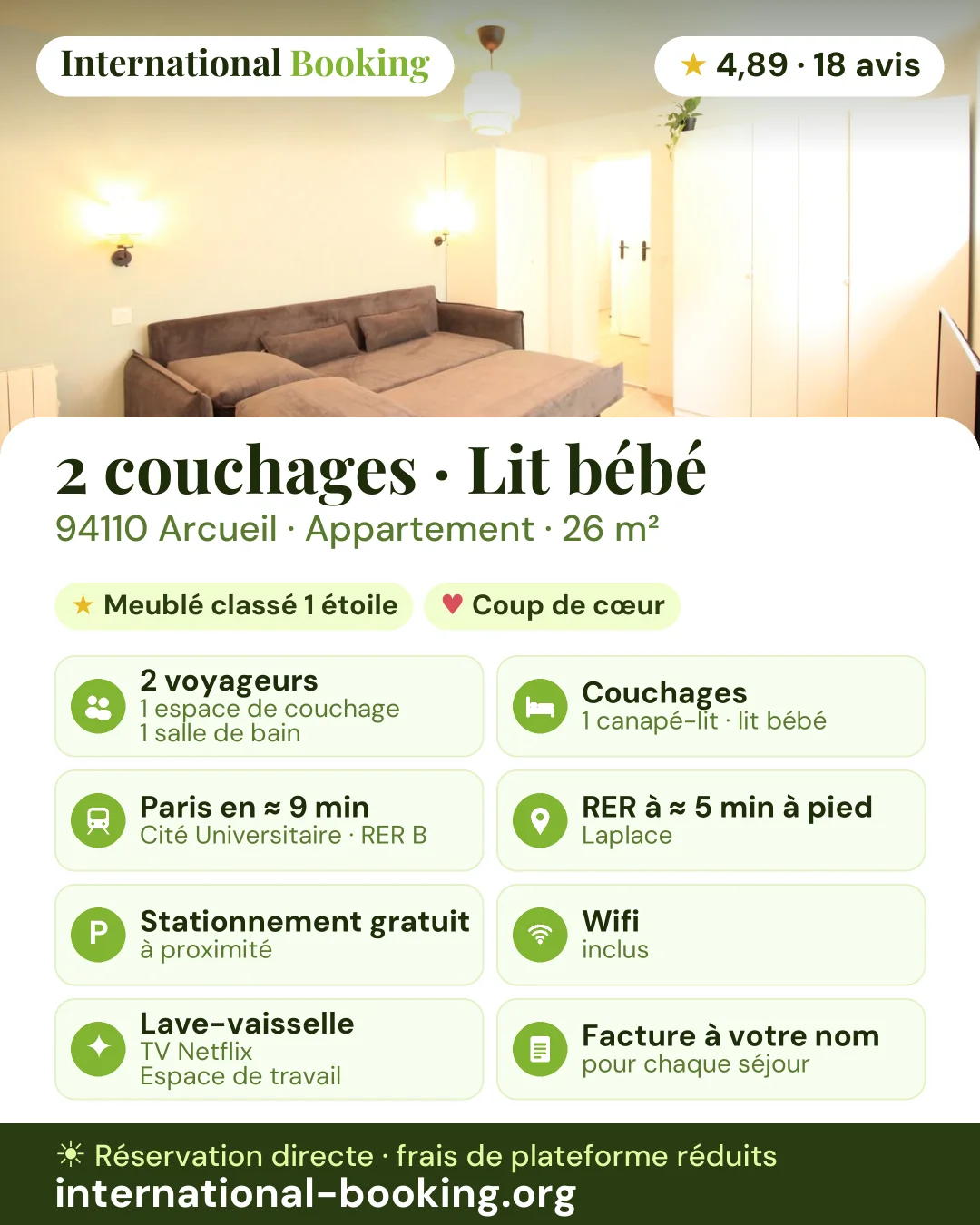 2 couchages · Lit bébé · 94110 Arcueil · 26 m² — les atouts du logement en une image