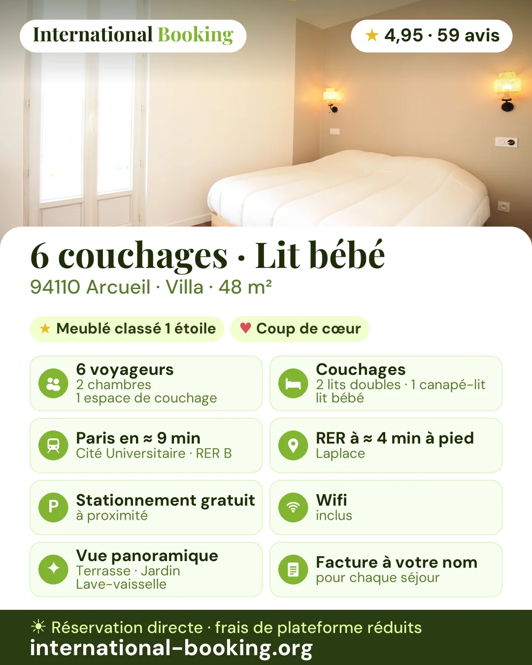 6 couchages · Lit bébé · 94110 Arcueil — les atouts du logement en une image
