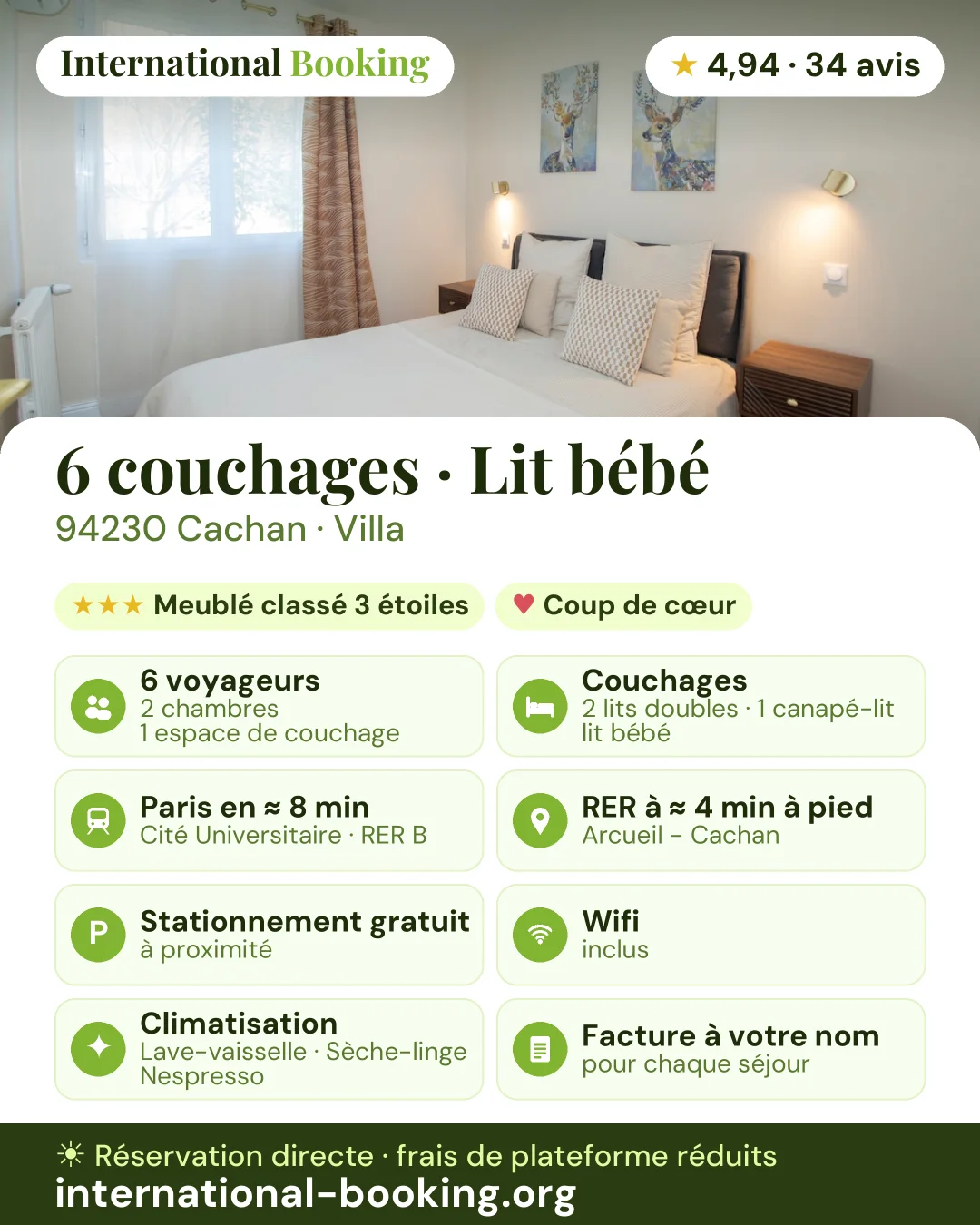 6 couchages · Lit bébé · 94230 Cachan — les atouts du logement en une image